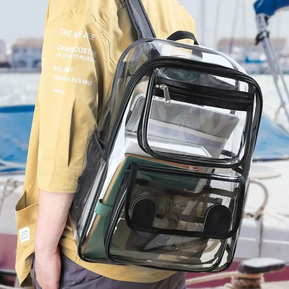 sac à dos transparent de grande capacité, imperméable, en pvc, avec fermeture éclair, portable, visible, pour le sport en plein air et les voyages.