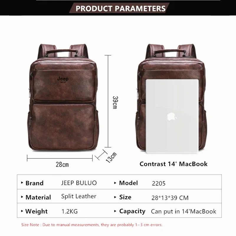 sac à dos en cuir vintage jeep buluo pour homme, grande capacité, sac pour ordinateur portable, sac à dos décontracté pour le travail, les voyages, l'université
