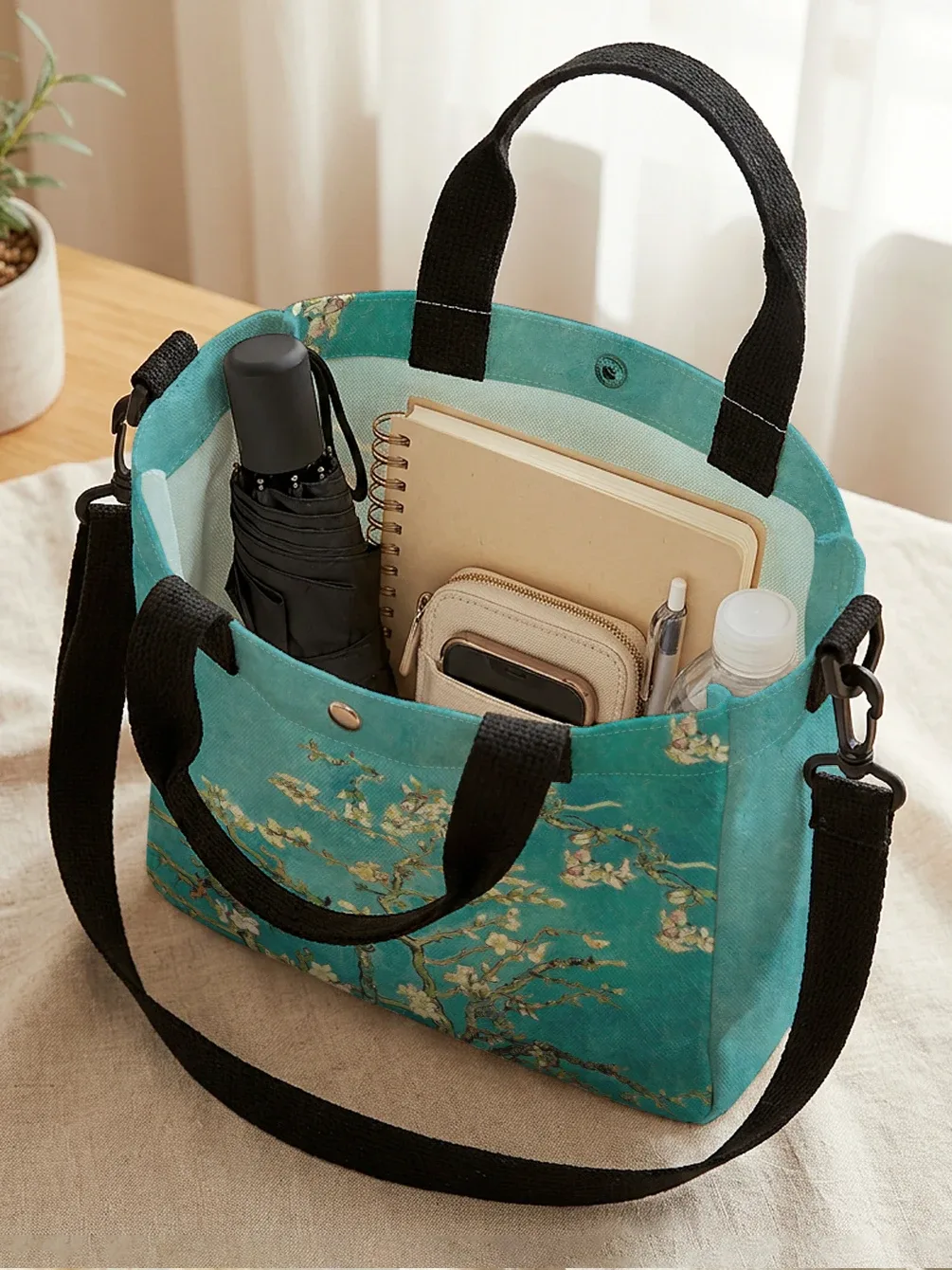 sac fourre-tout en toile avec peinture à l'huile van gogh almond blossom, bandoulière amovible, sac à main pour femme, pour les courses quotidiennes