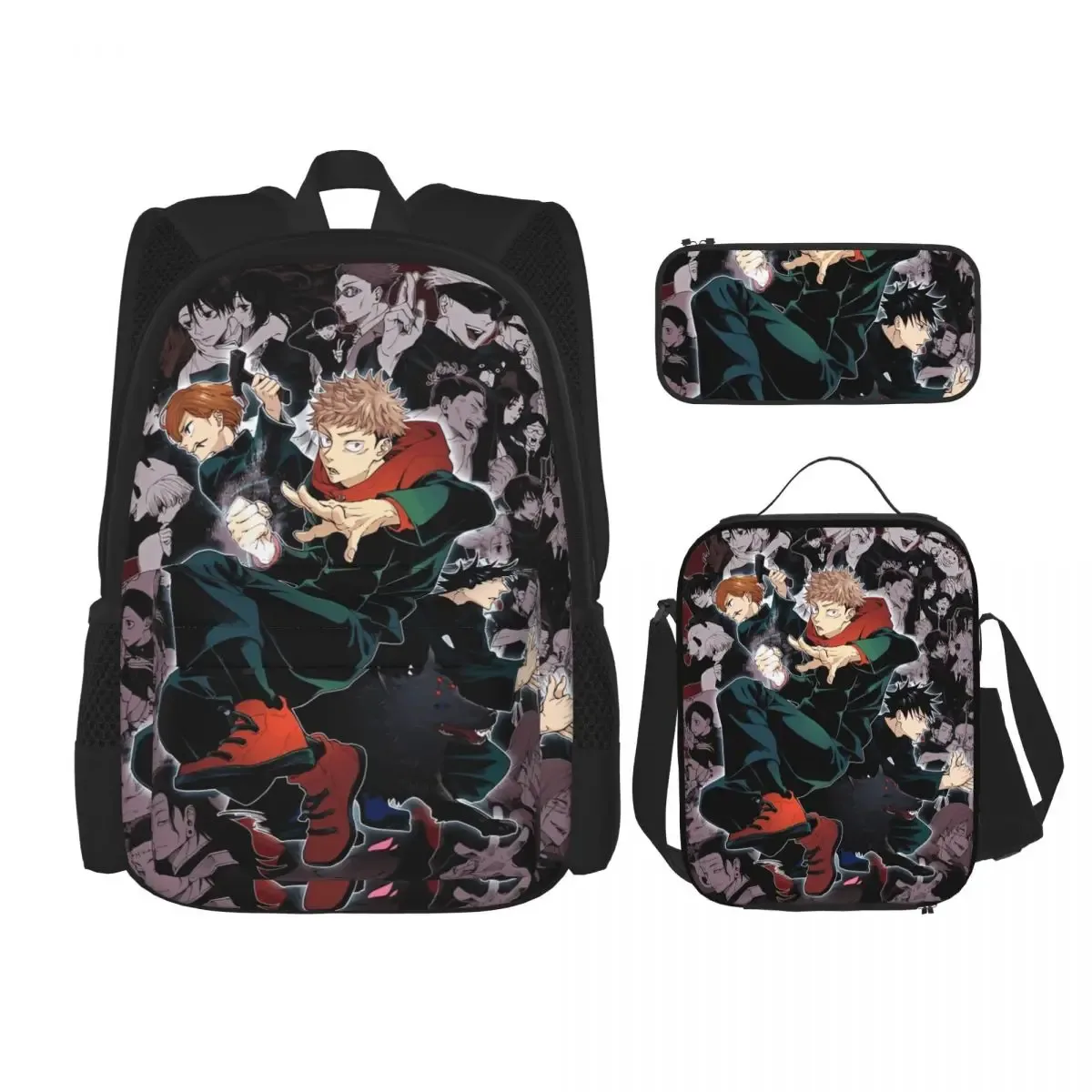 sac dos polyester noir motif animé format grand volume usage étudiant lycéen informatique bandes latérales pochette stylos sac main assorti