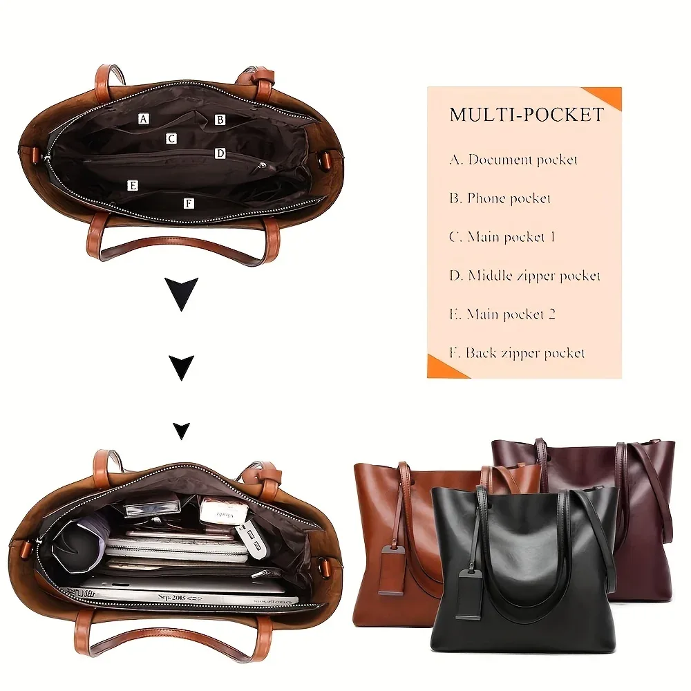 sac à main fourre-tout en cuir rétro classique pour femme, sac à bandoulière, documents, sac de travail, sac de séparation d'ordinateur, sac de voyage, à la mode