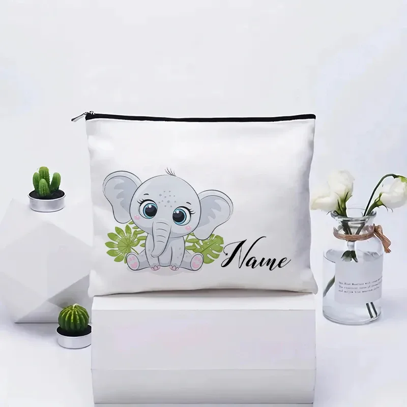 vente flash : grande trousse à maquillage en toile avec motif d'éléphant mignon, essentiels de voyage pour anniversaire d'enfants, trousse de maquillage avec nom personnalisé