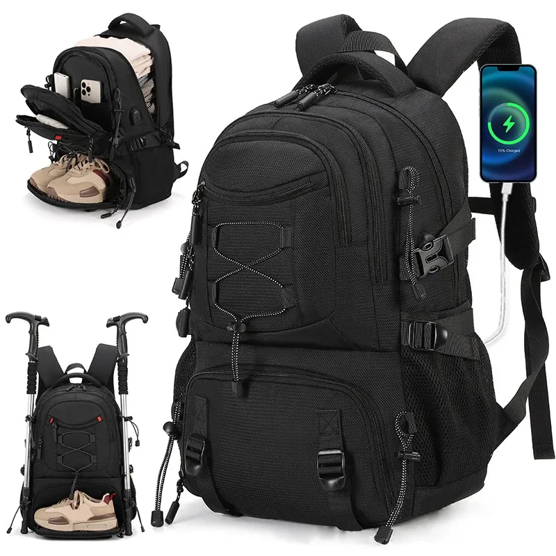 sac à dos d'escalade usb pour ordinateur portable, sac à dos léger avec sac à chaussures, sac à dos de camping en plein air, sac à dos de randonnée, cartable de sport et de gym