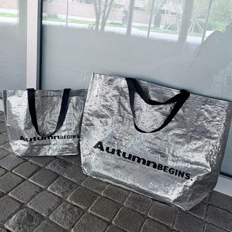 sac de courses réutilisable extra large, imperméable, en tissu tissé, pour épicerie, lessive, plage, rangement, sac à bandoulière pliable pour femme, couleur argent