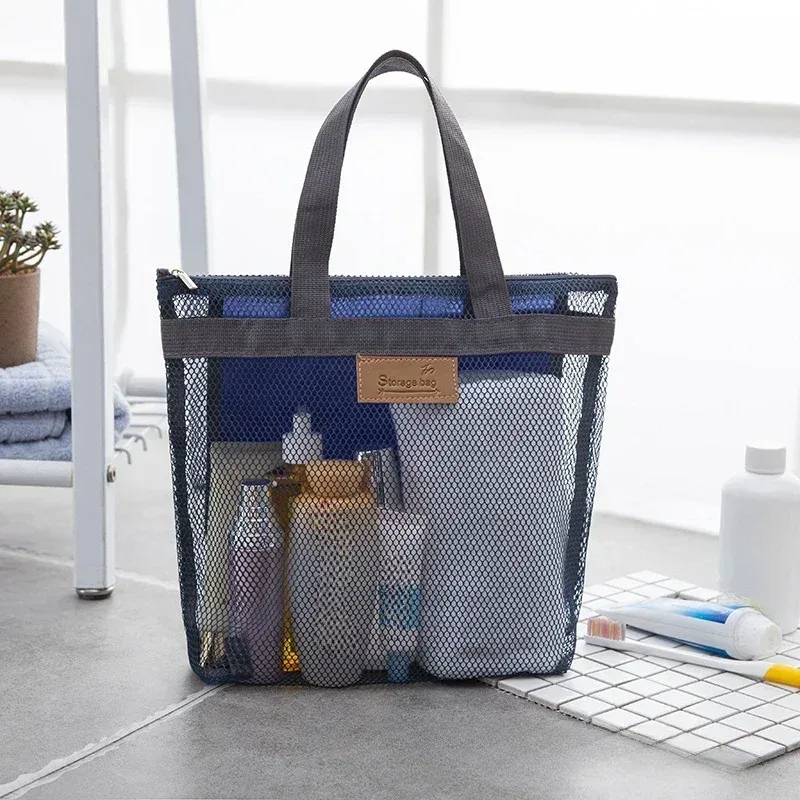 sacs de rangement de maquillage et de toilette en maille, sacs à main portables de voyage plage lavage outils de douche organisateur fourre-tout pochette de rangement de cosmétiques