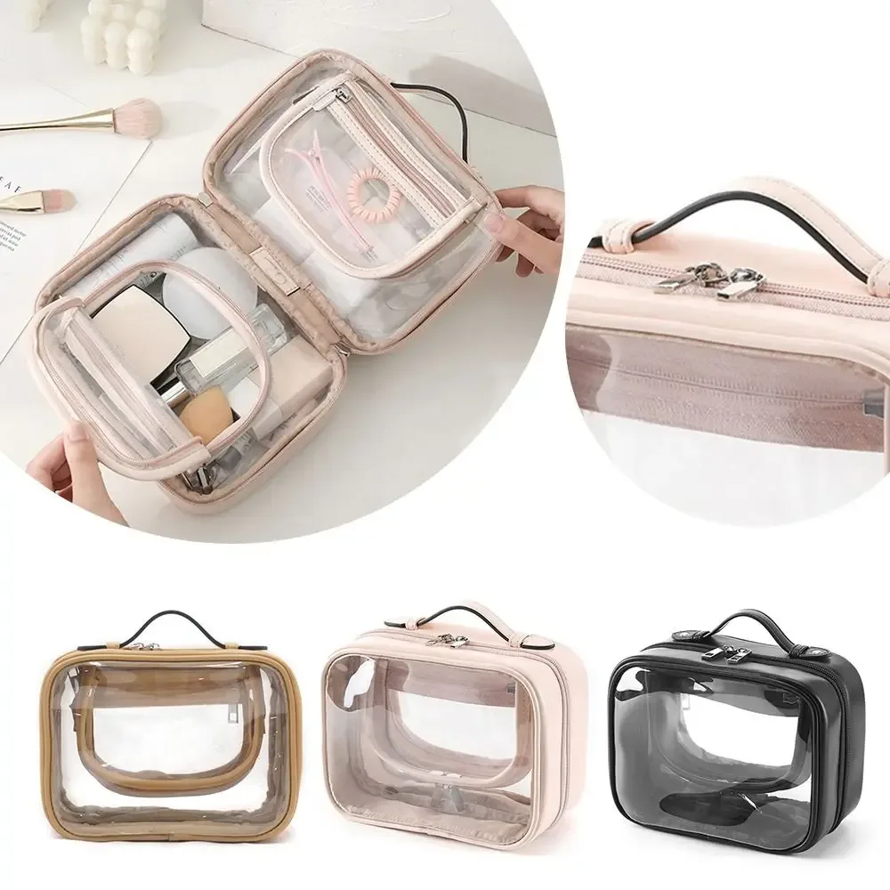 Sacs de maquillage transparents Double couche de grande capacité, sac à cosmétiques Transparent à fermeture éclair, rangement de brosses de maquillage, sacs de toilette de voyage
