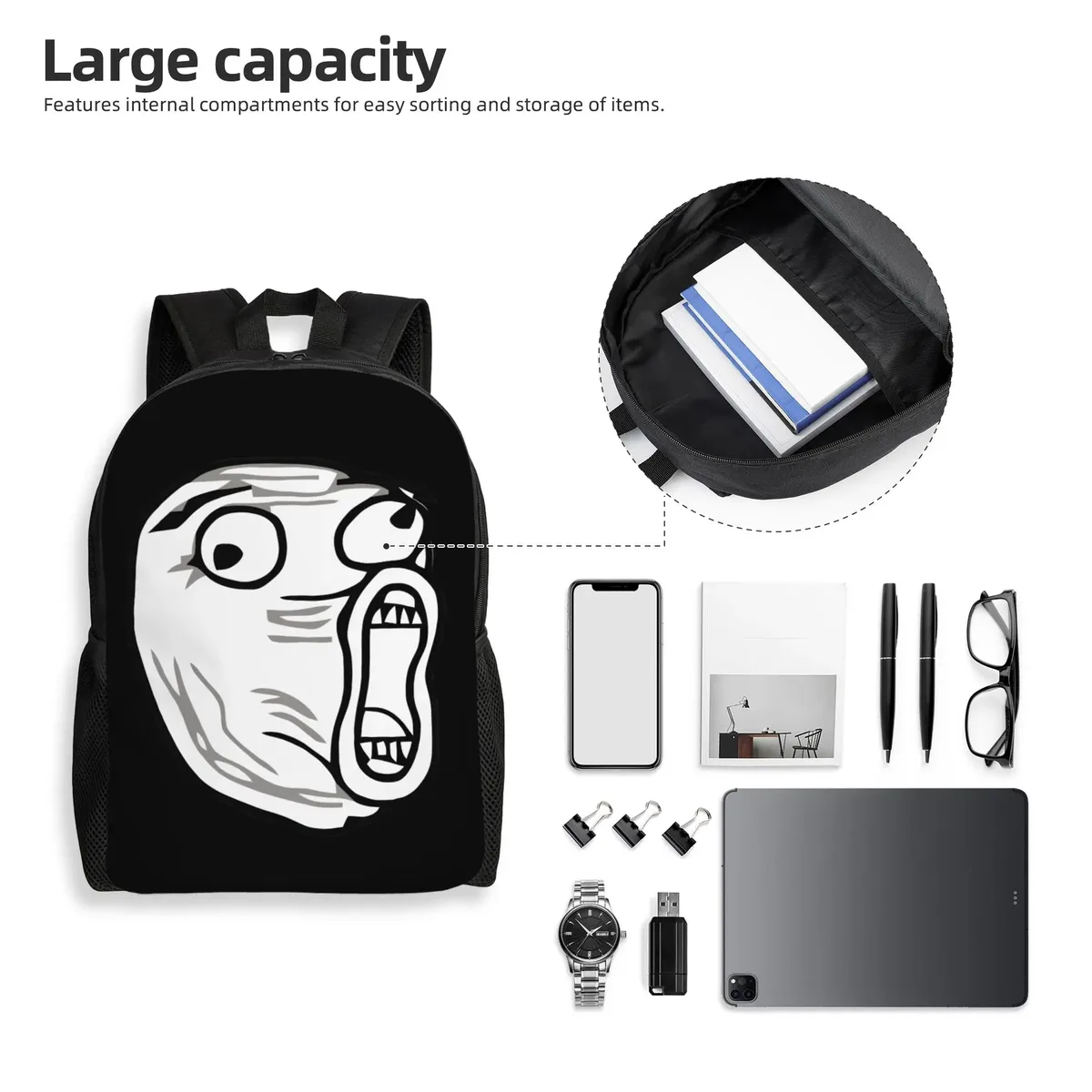 sac à dos personnalisé trollface amusant pour ordinateur portable, pour femmes et hommes, sac à dos basique pour l'école, le collège, les étudiants, sacs originaux