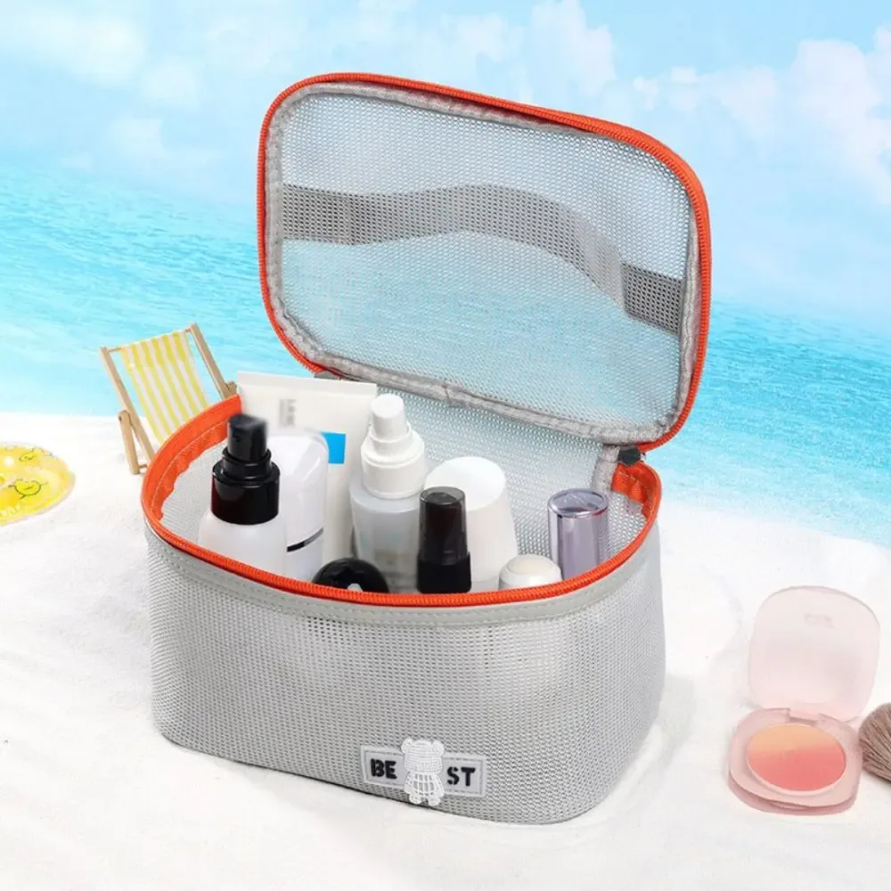 sac de toilette portable en maille, pochette de douche, trousse de maquillage de voyage, sac de rangement de plage à séchage rapide, grande capacité, sac cosmétique en maille