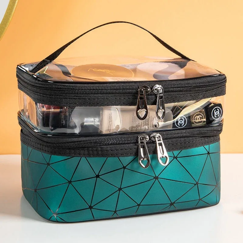 sac à cosmétiques double couche, grande capacité, portable, étanche, sac de maquillage, rangement transparent, trousse de toilette, bx19