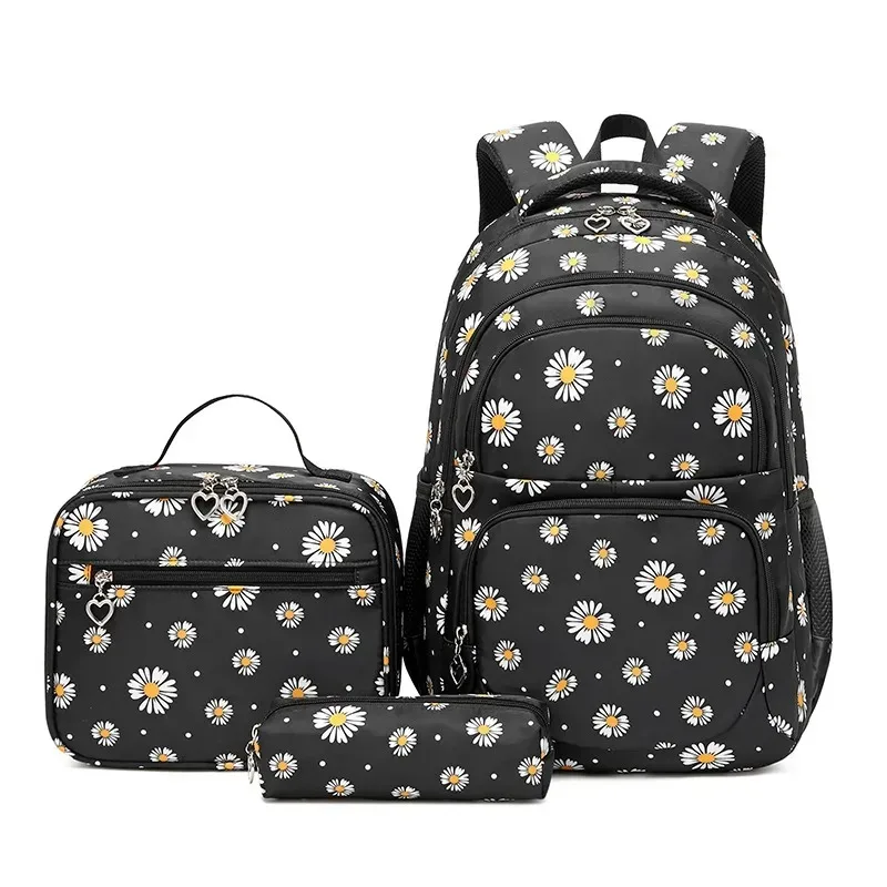 sac à dos d'école à motif marguerite, trousse à crayons, sac à main, ensemble de trois pièces, tissu en nylon imperméable, sac à dos tendance pour garçons, filles et adolescents