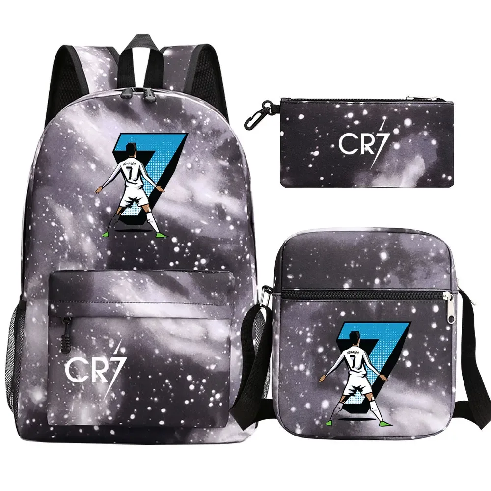 football star cr7 3 pièces garçon fille retour à l'école livre sacs, étudiant sac à bandoulière porte-crayon sac à dos, adolescents mochila hommes femmes