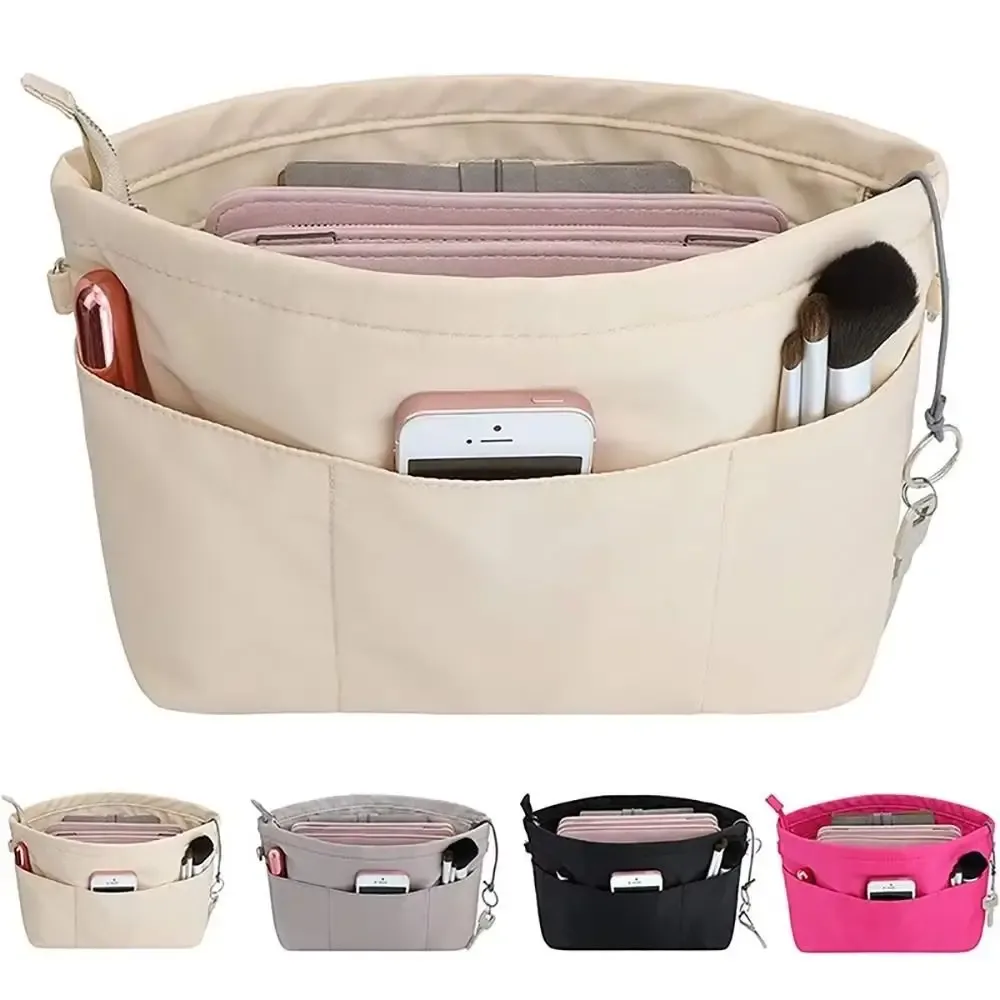 sac à main multi-poches pour femmes, organisateur de cosmétiques vintage, sac à insérer avec fermeture éclair, sacs de rangement multifonctionnels de couleur unie
