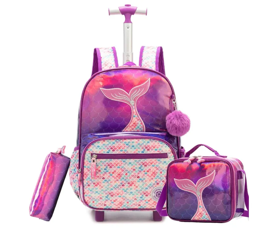 valise sac dos rose queue sirène motif multicolore poignée roue transport enfant déplacement école lunch stylos femmes