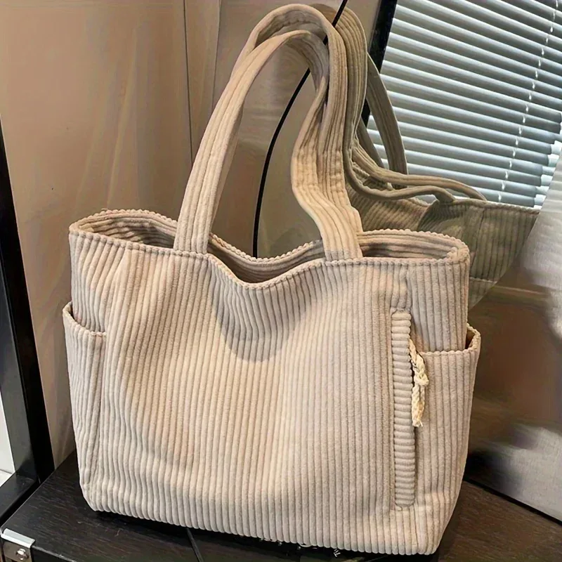 sac à main en velours côtelé léger et grande capacité avec fermeture éclair, couleur unie, sac à bandoulière décontracté pour les trajets quotidiens