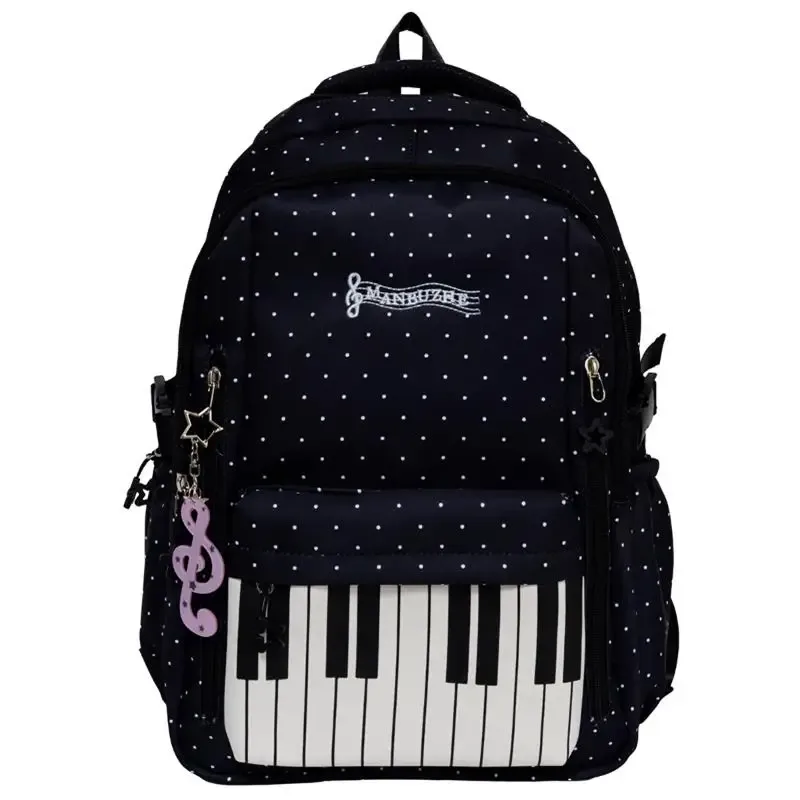 sac à dos d'étudiant grande capacité, sac à bandoulière double, imprimé à pois clavier de piano, sac de voyage scolaire, style coréen vintage