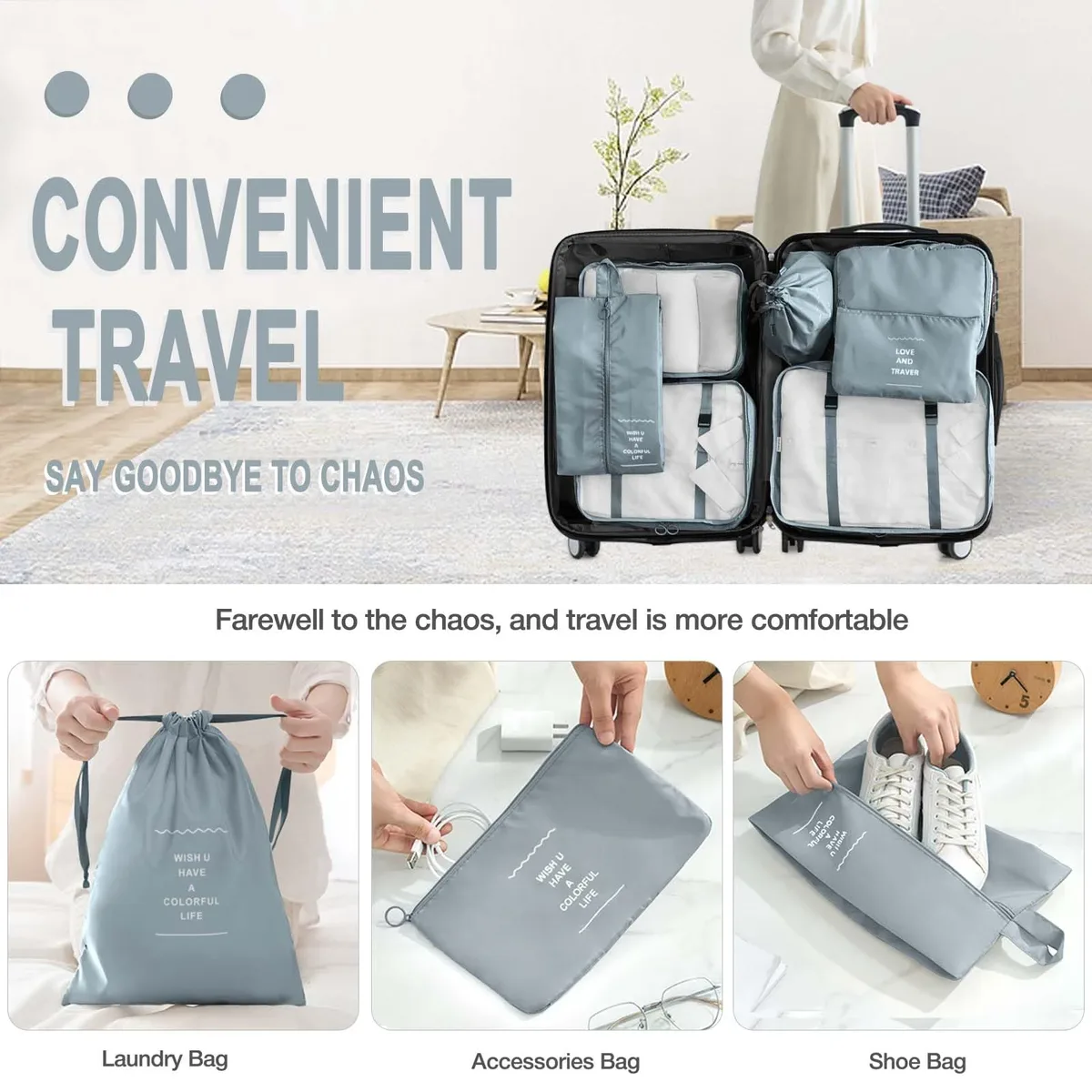 organisateur voyage sacs rangement polyester beige noir chaussures vêtements cube pliant accents double glissières transport usage
