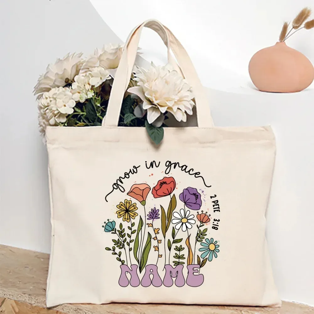 sac fourre-tout personnalisé avec fleur et nom pour femme, sacs à bandoulière en toile, sac de shopping monogrammé, sacs à main, cadeaux d'anniversaire et de mariage pour elle