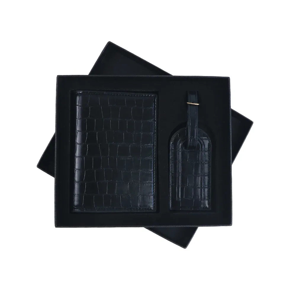 étiquette de bagage personnalisée en cuir pu motif peau de crocodile + porte-passeport, coffret cadeau, accessoires de sac