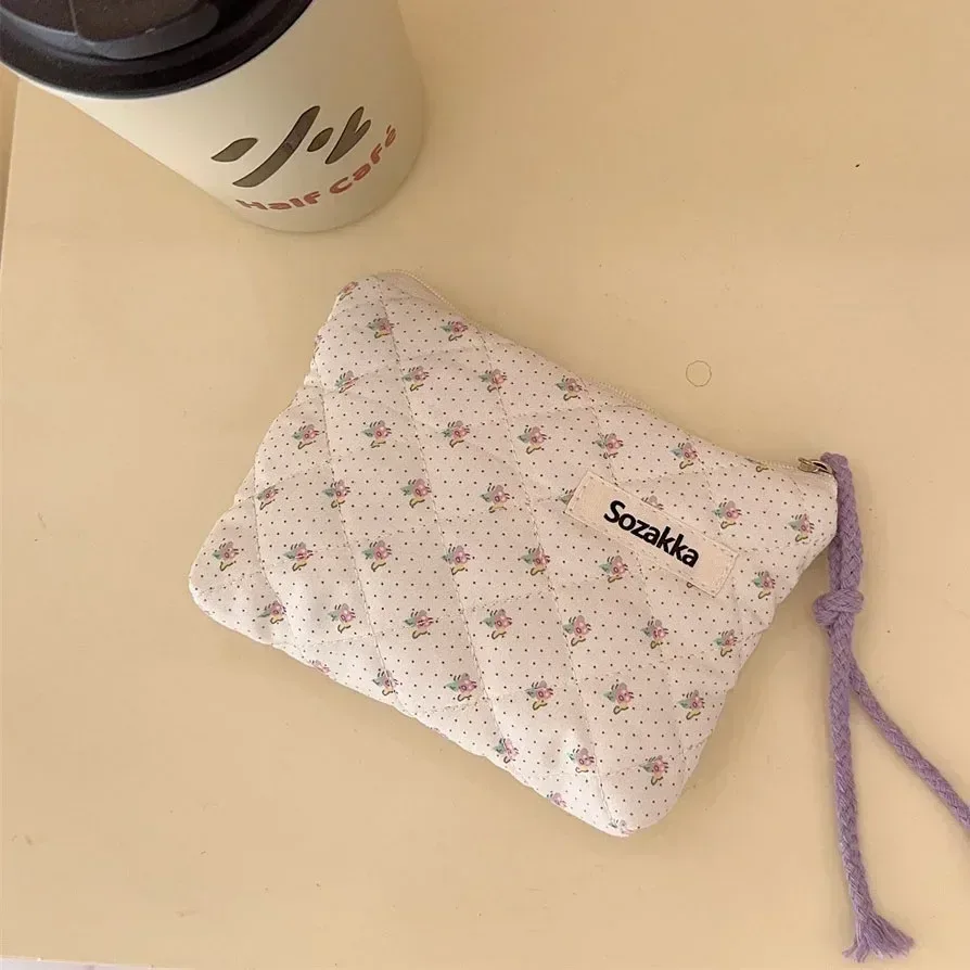 sac de maquillage en coton doux à motif floral, fermeture éclair, rangement pour rouge à lèvres, nœuds, sac cosmétique, trousse de toilette, pochette multifonctionnelle, porte-monnaie