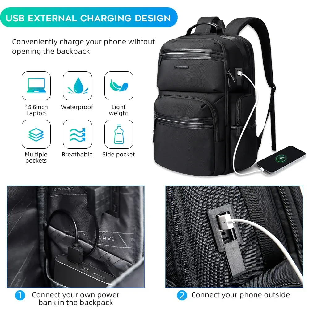 bange anti-vol 15.6 pouces sac à dos pour ordinateur portable pour hommes sacs d'école étanche sacs à dos de voyage d'affaires avec port de chargeur usb