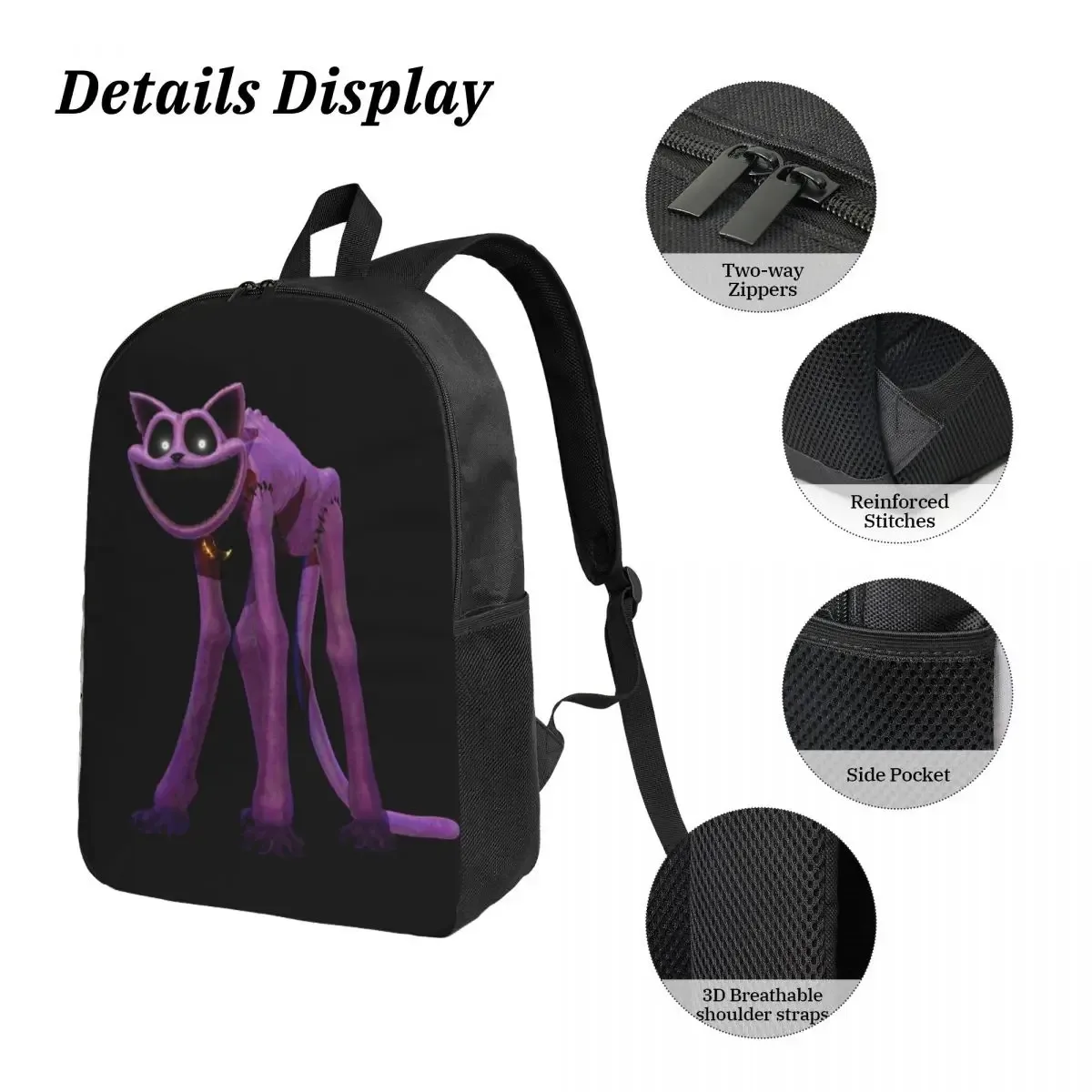 sac dos polyester noir chat violet sourire forme rectangulaire poignées latérales usage étudiant voyage
