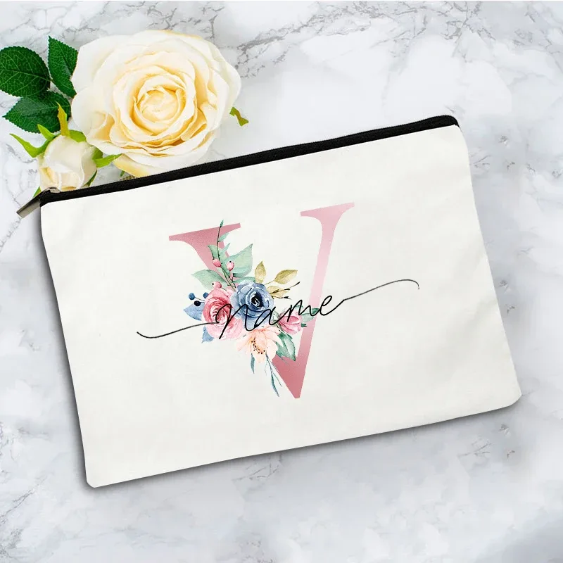 trousse de maquillage personnalisée rose à motifs floraux avec initiale, pochette cosmétique en toile personnalisée, organisateur de voyage pour articles de toilette pour femmes