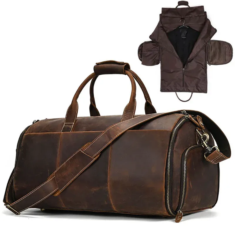 sac voyage cuir vache marron ovale poignées lati latérales compartiments organisateur vêtements accessoires voyage business affaires