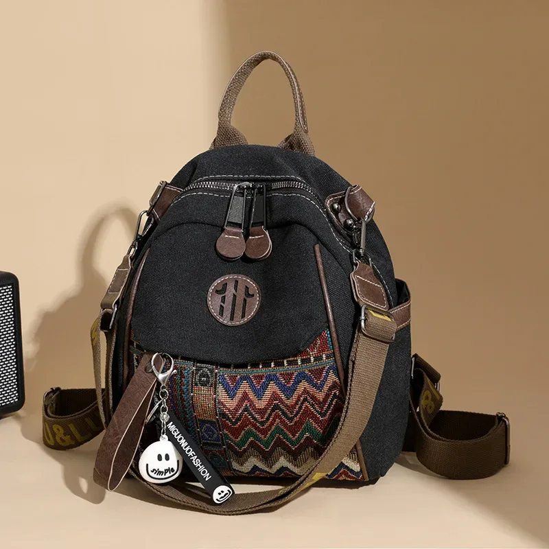 sac à dos en denim pour femmes, grande capacité, broderie vintage, sac à bandoulière multifonctionnel, 1 pièce