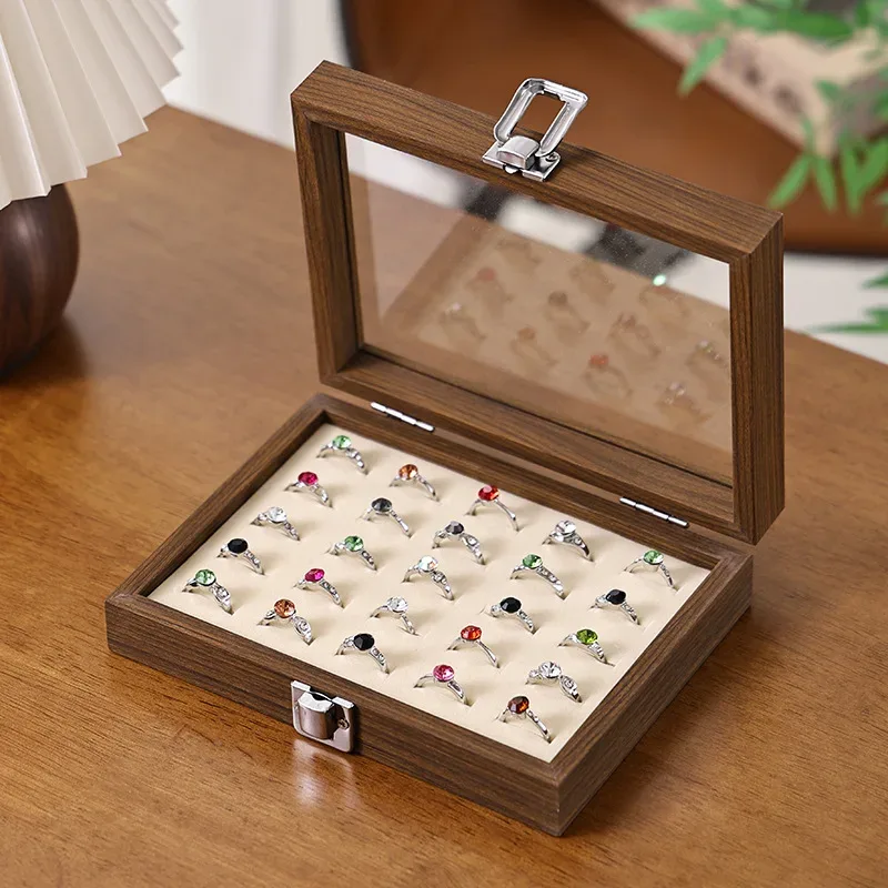 boîte à bijoux motif noyer avec couvercle, étui de rangement pour bagues, boucles d'oreilles, bracelets, chaînes, plateau de présentation en bois dur de style décontracté