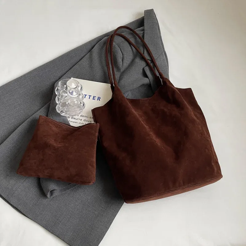 sac à bandoulière rétro en daim pour femmes, nouvelles couleurs unies, fourre-tout décontracté de grande capacité, fermeture éclair, fil à coudre polyvalent pour l'artisanat