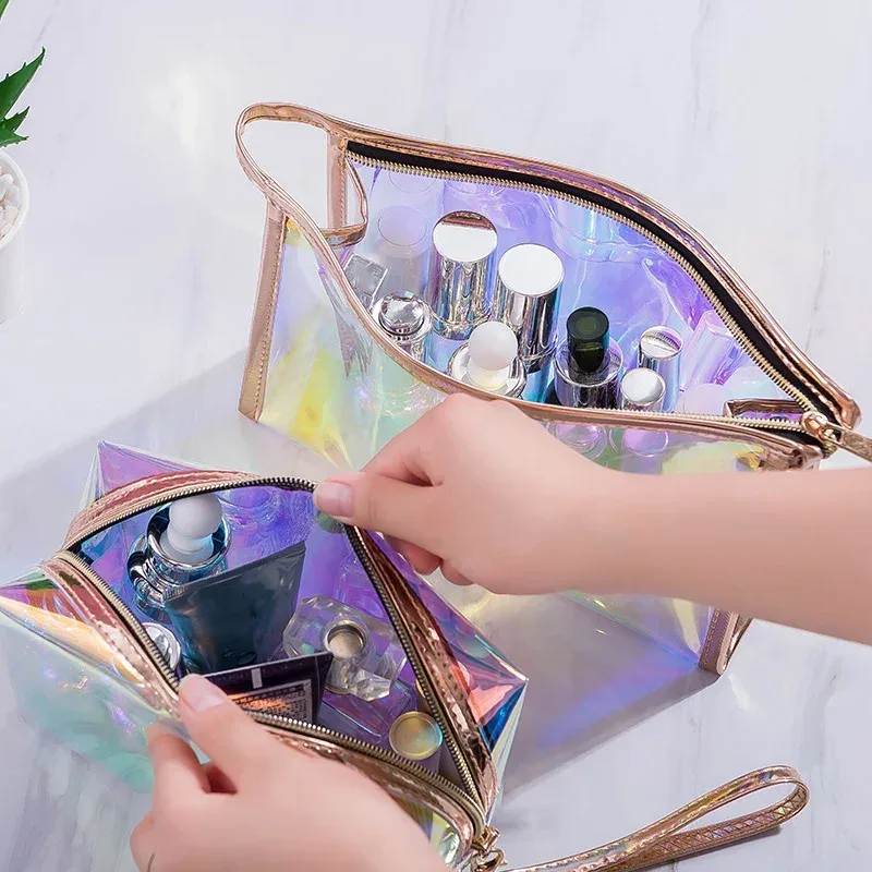 sacs de maquillage transparents, jolie mode, sac à cosmétiques de voyage laser, sacs à brosses de toilette, organisateur, étui nécessaire, boîte de maquillage de lavage