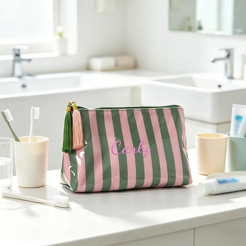 broderie personnalisée/2 options de style standard, pochette rayée, trousse de maquillage à fermeture éclair avec pompon délicat, saison rentrée scolaire, cadeau