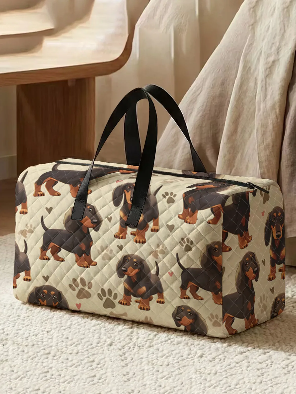 sac de sport portable avec imprimé cœur et patte de chien teckel mignon, 2 styles, 1 pièce, adapté aux voyages de week-end, aux sports et aux courses.