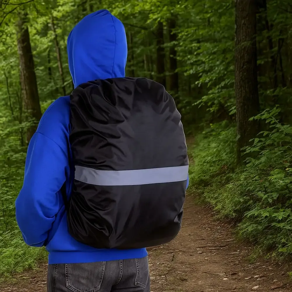 housse de pluie réfléchissante à double boucle en tissu oxford, élastique, réglable, pour sac de randonnée et camping en plein air.