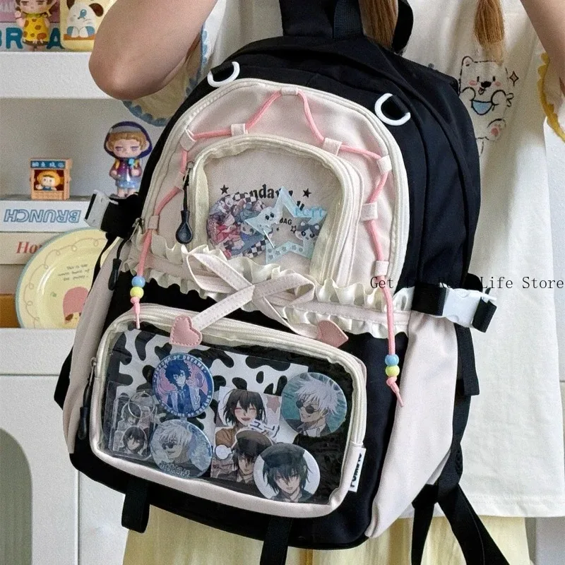 sac à dos ita transparent italife dopamine kawaii anmie pour femmes, avec présentoir pour épingles et badges, grand sac ita mignon en forme de cœur avec nœuds, style lolita h259