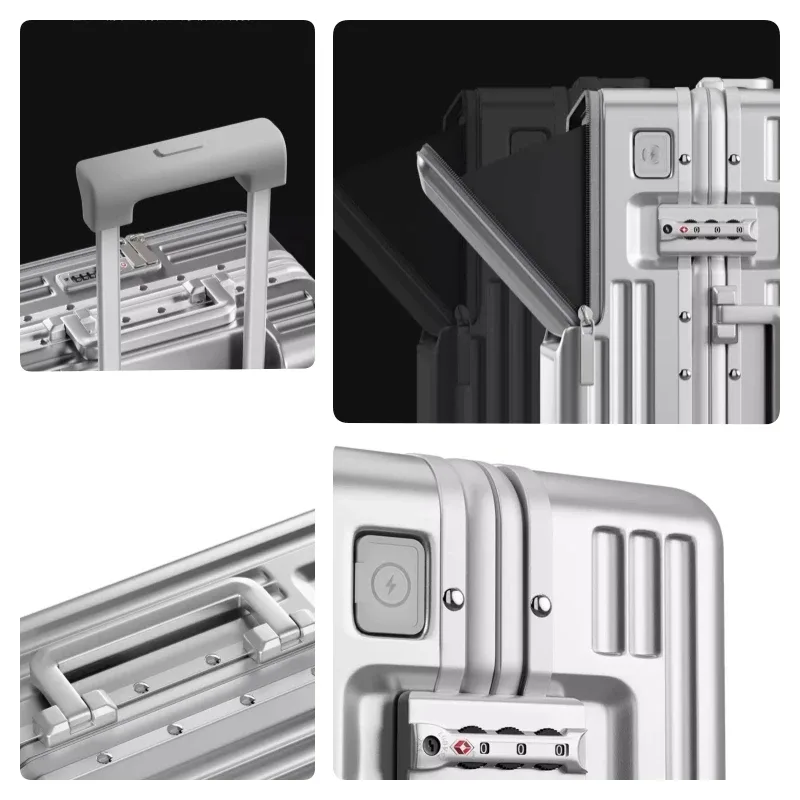 valise à ouverture frontale en matériau pc avec cadre en aluminium, serrure tsa, porte-gobelet, port de charge, bagage à roulettes de voyage 20/24/28/30 pouces