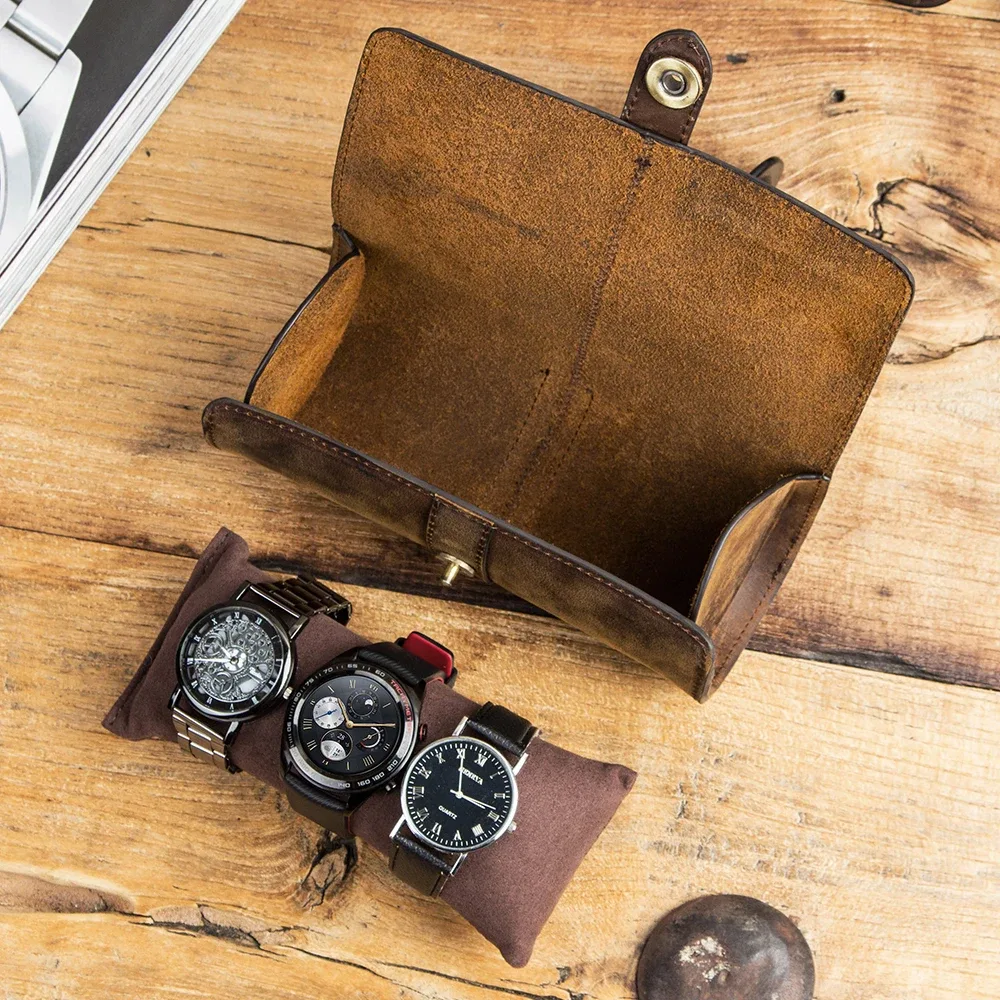 Organisateur Voyage Montres Cuir Marron Vieilli Fermeture Magnétique Trois Supports Vintage Retour Traité Montres Stockage
