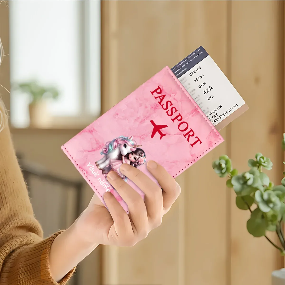 porte-passeport en pu à motif licorne pour fille, avec icône d'avion doré, porte-cartes, portefeuille de voyage, cadeau pour les voyageurs et les professionnels
