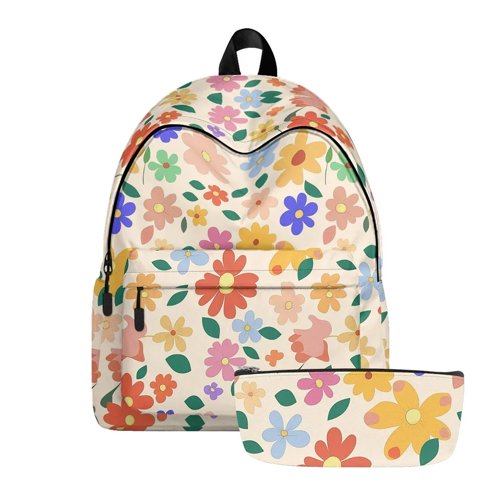 sac à dos imprimé floral dessiné à la main, sacs à crayons, bretelles réglables, sac d'école léger et durable, sac de jour de voyage pour adolescents, ensembles
