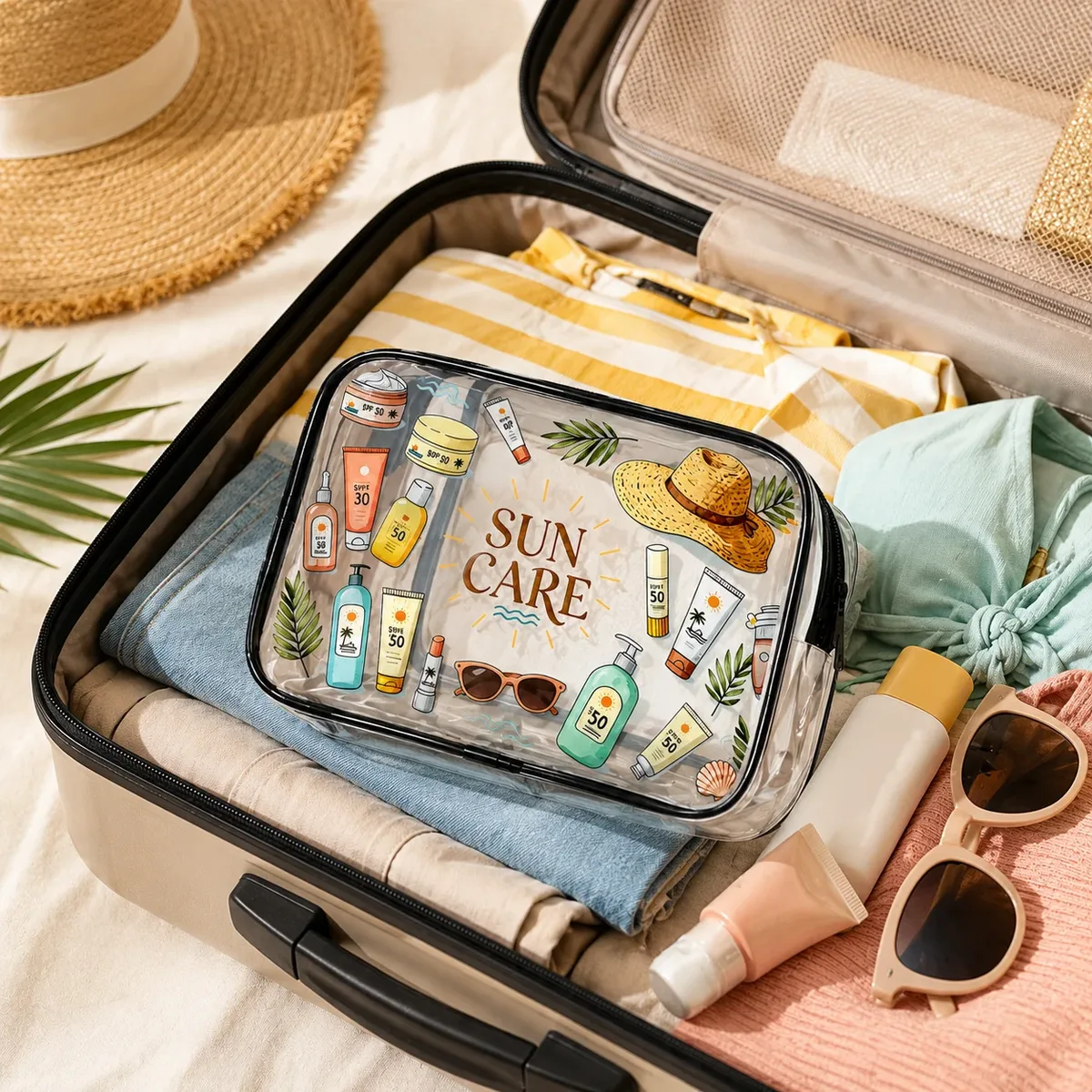 trousse de toilette transparente en pvc pour soins solaires, pochette de rangement étanche pour maquillage de voyage, idéale pour la plage, la crème solaire et les soins de la peau