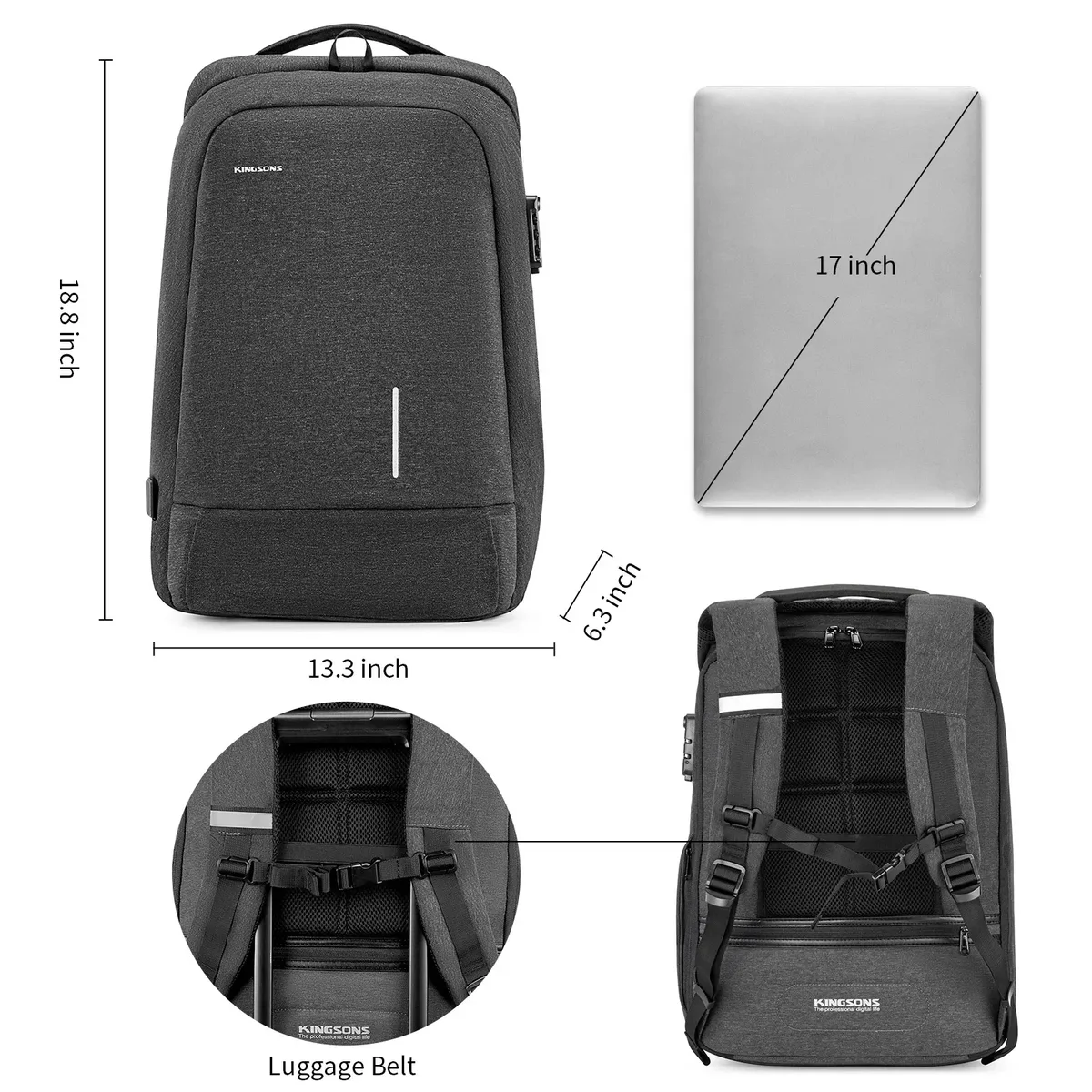 kingsons-sac à dos antivol étanche avec port de chargement usb, sac à dos pour ordinateur portable, ouverture à 13.3 °, hommes et femmes, peintures, 15.6 pouces, 17.3 pouces, 180 pouces