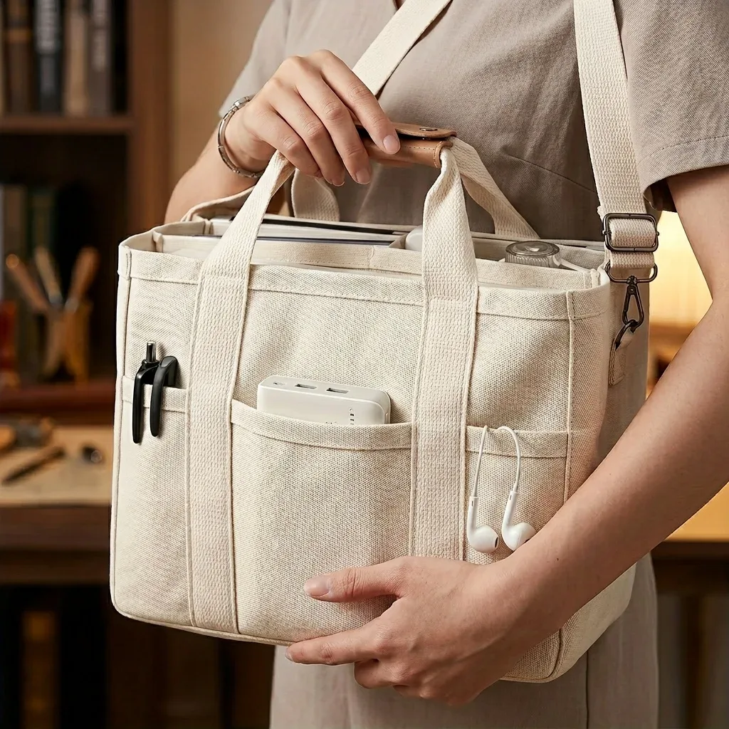 Sac à bandoulière multi-poches de grande capacité avec compartiments, design de sac fourre-tout multifonctionnel, poignée robuste, beige