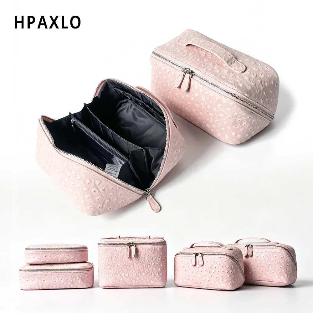 nouvelle trousse de maquillage en cuir d'autruche, organisateur de cosmétiques portable de voyage, rose neige, pour femmes, sac à main, trousse de toilette, pochette à cosmétiques