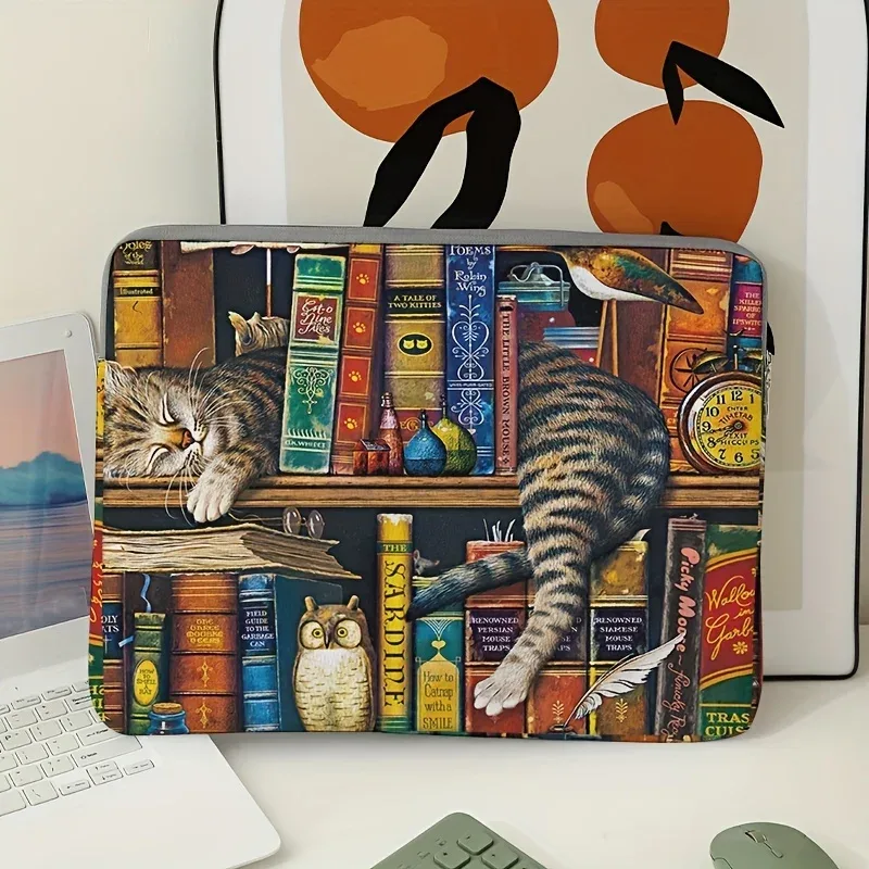 housse polyester ordinateur portable chat dormant livres colorés poignées noires transport originaux hibou livre ouvert horloge