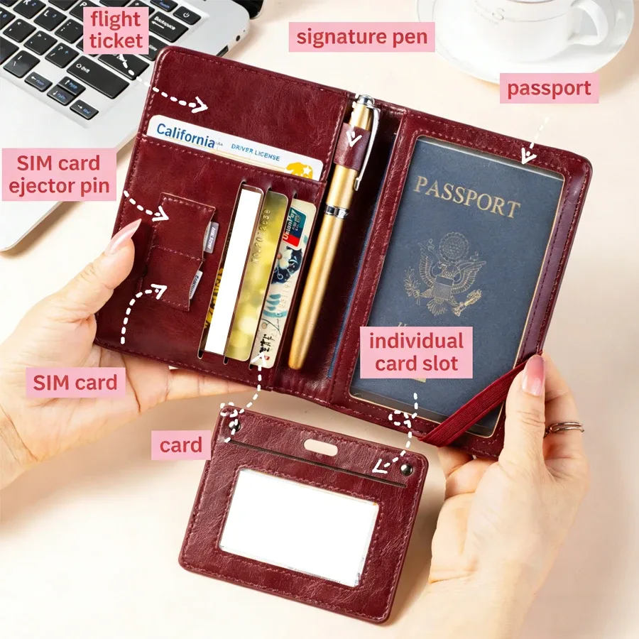porte-passeport et portefeuille en un, antivol, anti-démagnétisation, sac de rangement multifonctionnel pour documents et cartes, porte-billets de voyage, organiseur portable pour documents professionnels et de voyage, housse de protection essentielle pour documents à l'usage de l'étranger.
