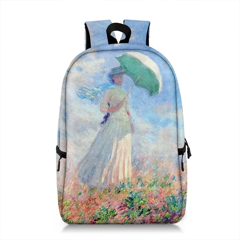 sac à dos peinture à l'huile de claude monet gustability klimt van gogh, cartable de nuit étoilée, baiser de tournesol, cartable de voyage pour femme