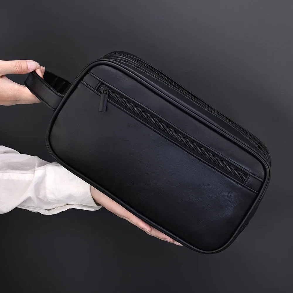trousse de toilette homme en cuir pu double couche, organisateur de voyage résistant à l'eau pour articles de toilette et cosmétiques, sac de rangement pour rasage