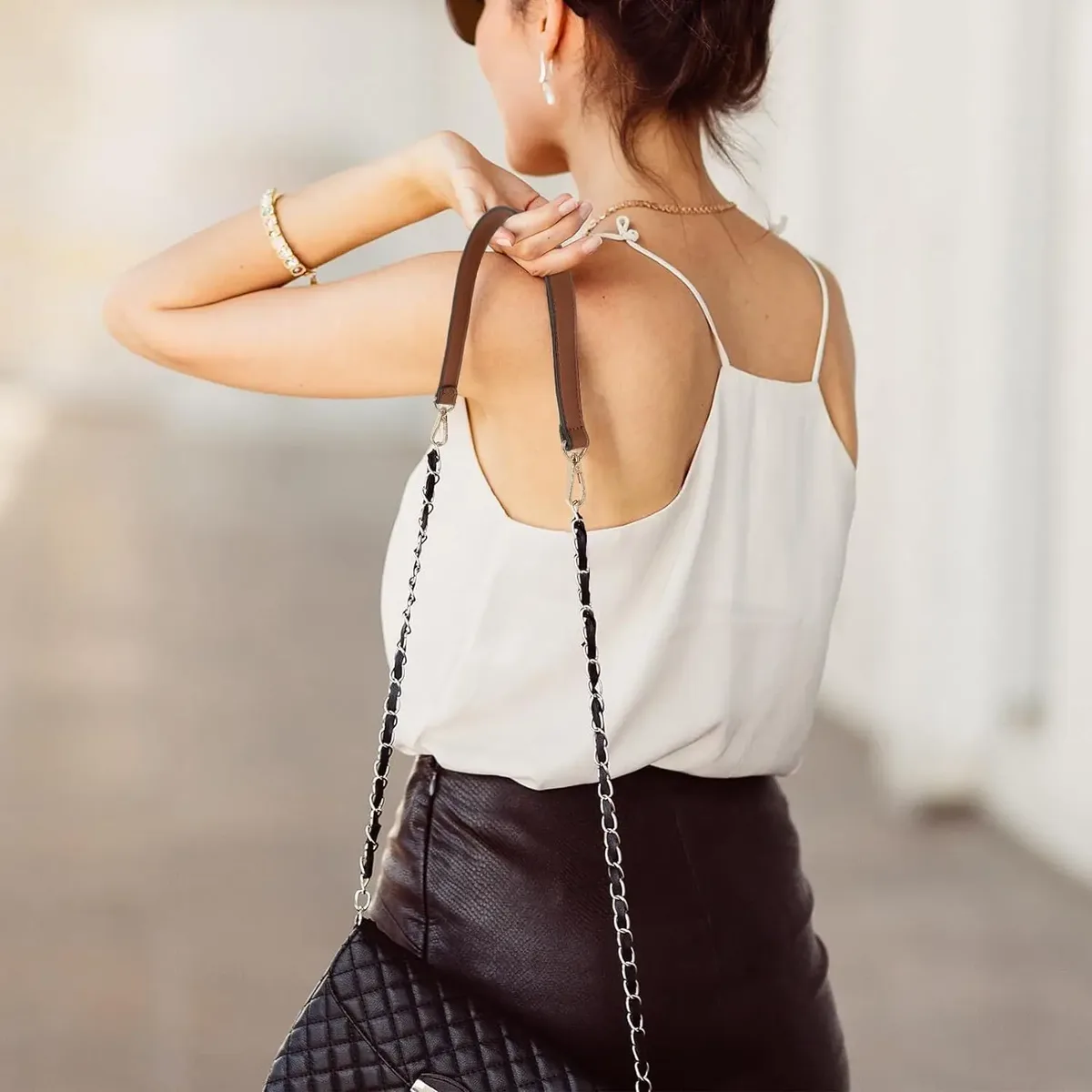 sangle de sac à bandoulière en cuir noir, poignée de sac à main en cuir de 19 pouces, sangles de remplacement avec fermoirs pivotants