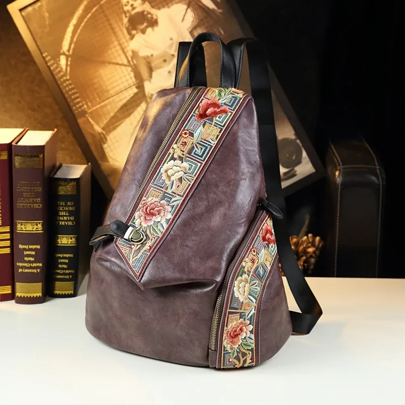 sac à dos rétro en cuir véritable pour femmes, design brodé, pour voyage, anti-vol, tendance