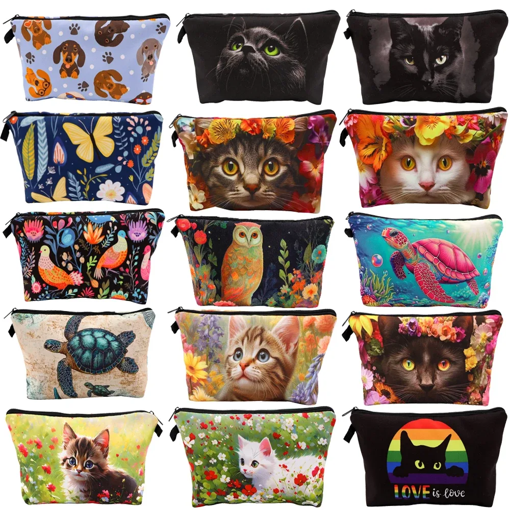 sac de rangement de voyage pour femmes, sac à cosmétiques, trousse de maquillage, trousse de maquillage, trousse de rouge à lèvres à fermeture éclair imprimée, chat mignon